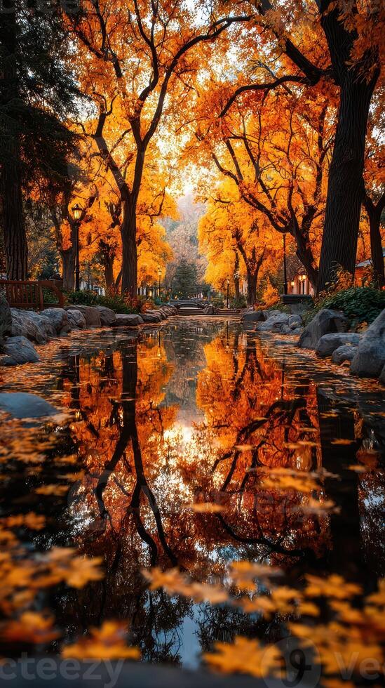 Vibrant autumn foliage reflecting in a serene park pond during sunset in a tranquil natural setting photo