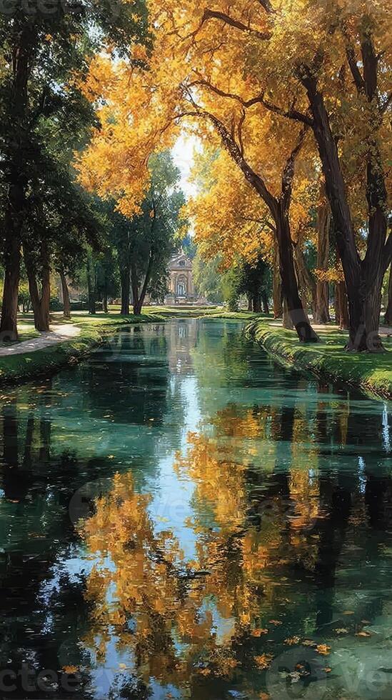 Autumn colors reflected in a serene canal surrounded by golden trees in a peaceful park setting photo