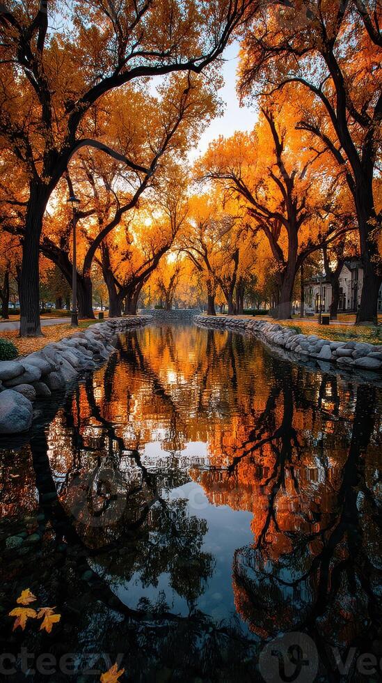 Autumn reflections by a serene river lined with vibrant trees during sunset photo