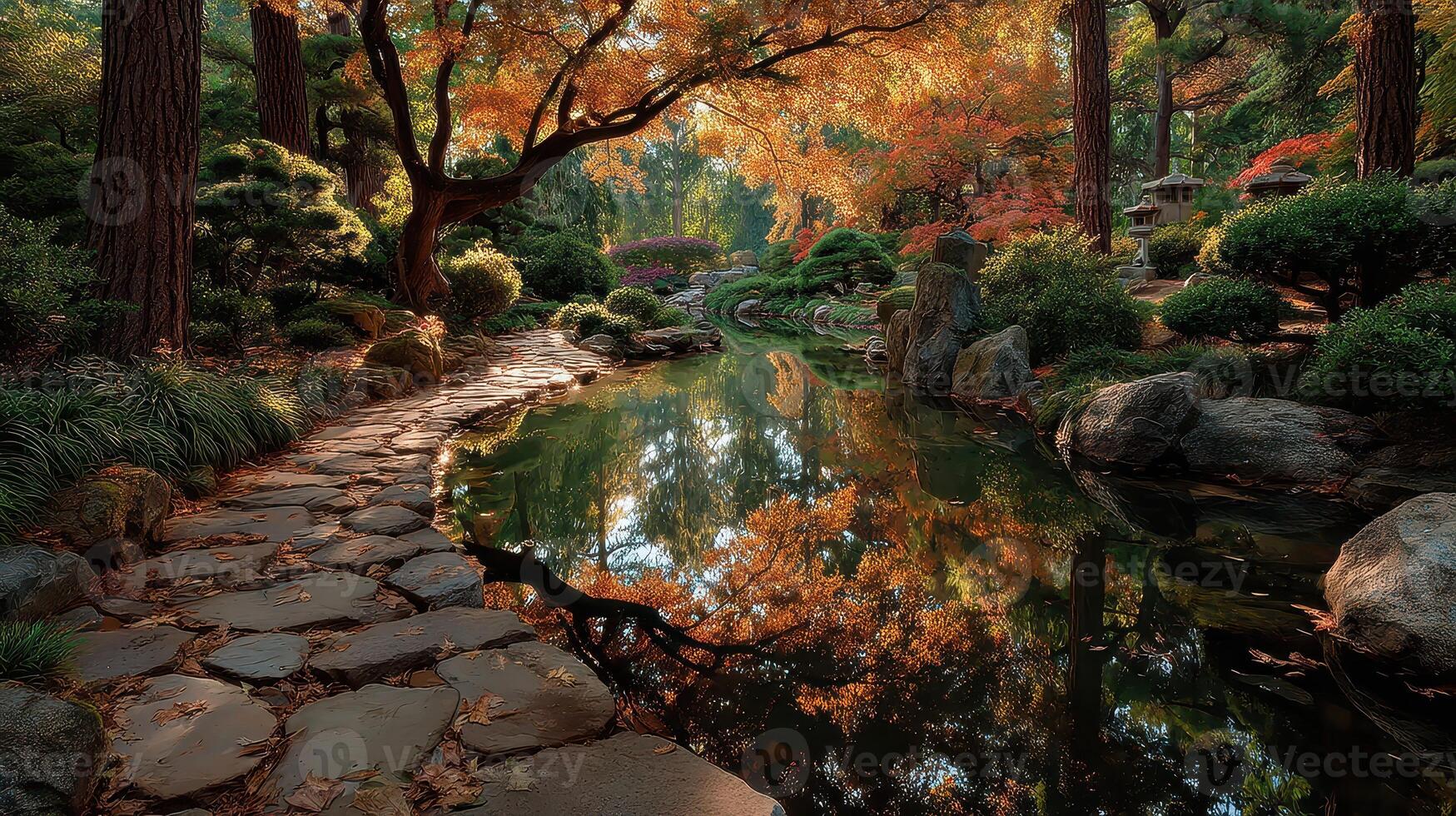 Serene autumn landscape with vibrant foliage reflected in tranquil water at a garden photo