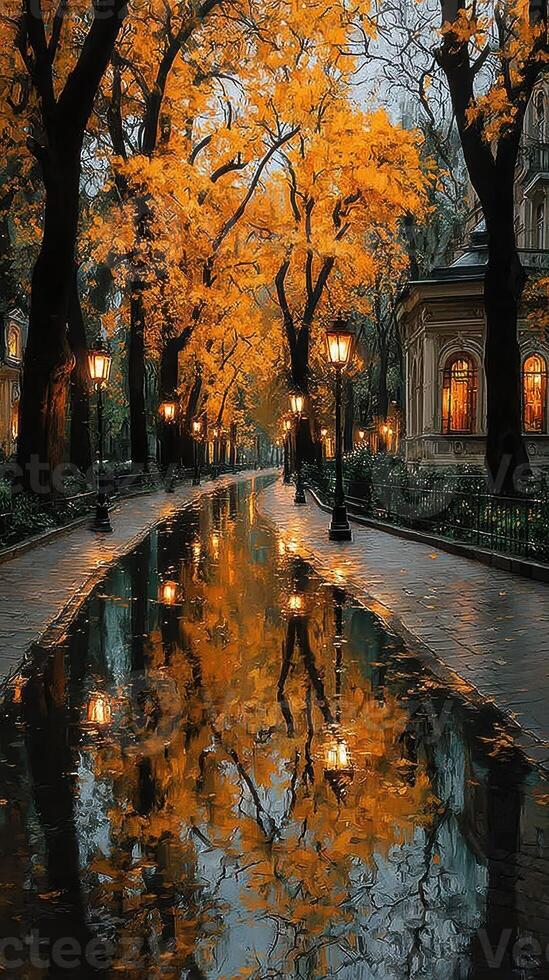 Autumn reflections on a tranquil street illuminated by vintage lamps in a city park during sunset photo