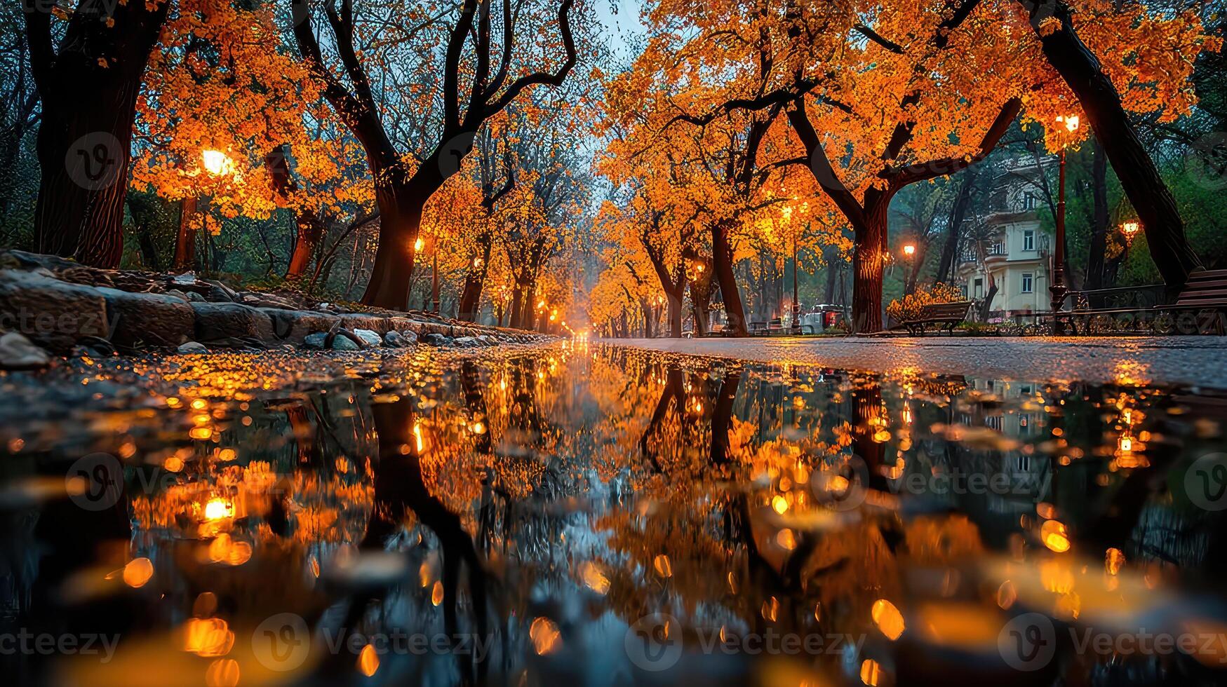 Autumn park pathway lined with golden trees reflecting on rainy pavement at dusk photo