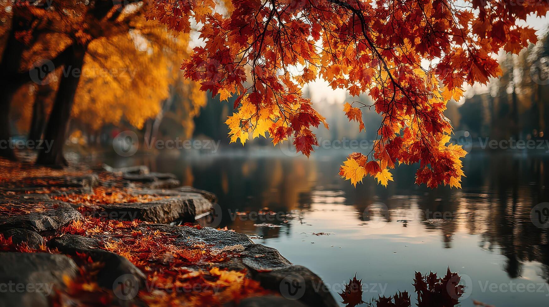 Autumn leaves reflect on a tranquil lake surrounded by vibrant trees in a serene setting during golden hour photo