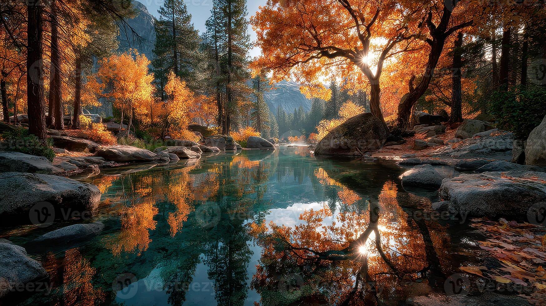 Beautiful autumn landscape with colorful trees reflecting in a serene river at sunset in a national park photo