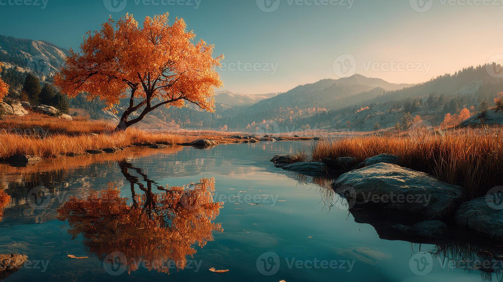 Autumn sunset reflects off calm water with vibrant orange tree in serene landscape photo