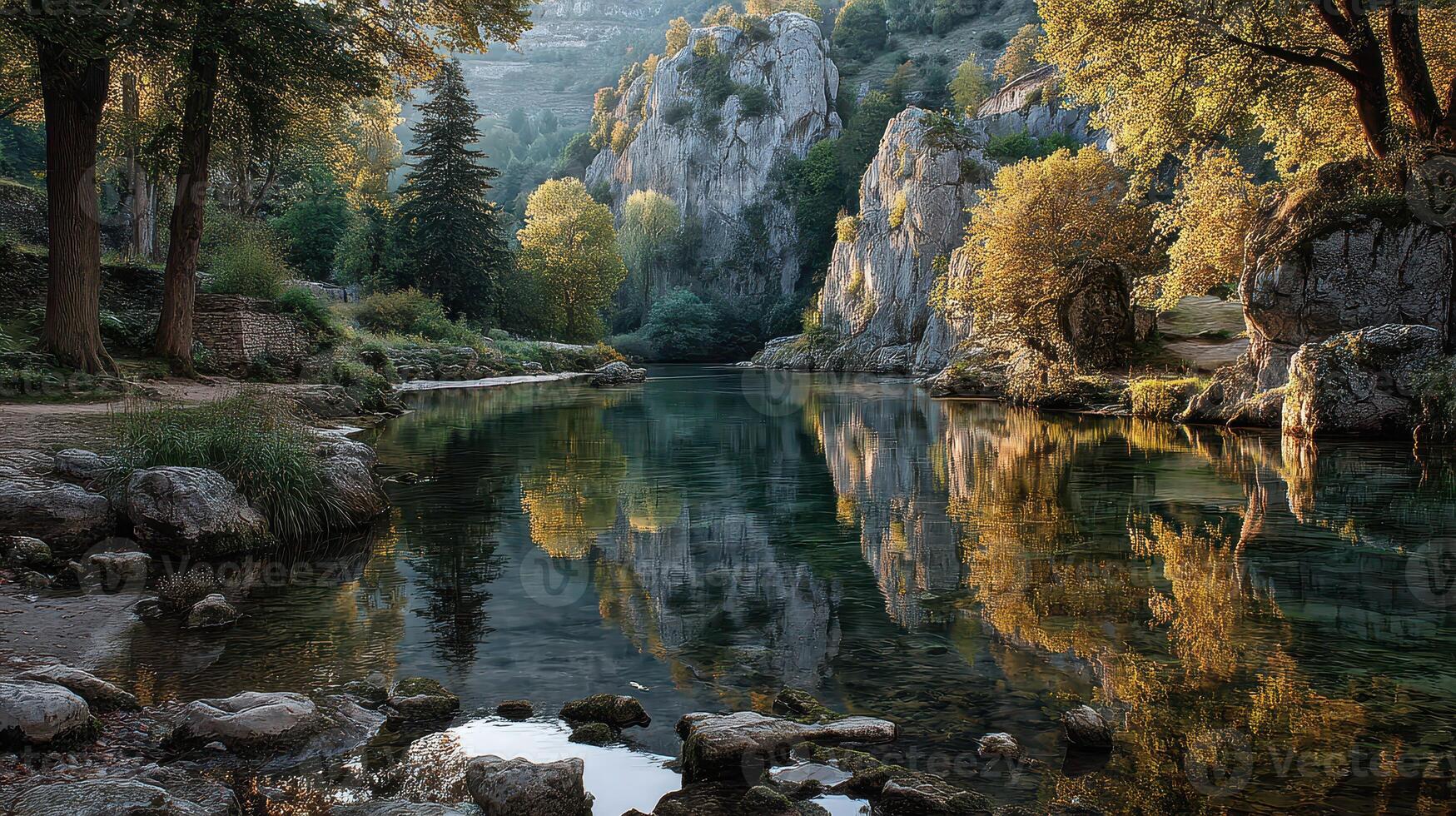 Beautiful autumn landscape with tranquil river reflecting trees and rocks in a serene setting photo
