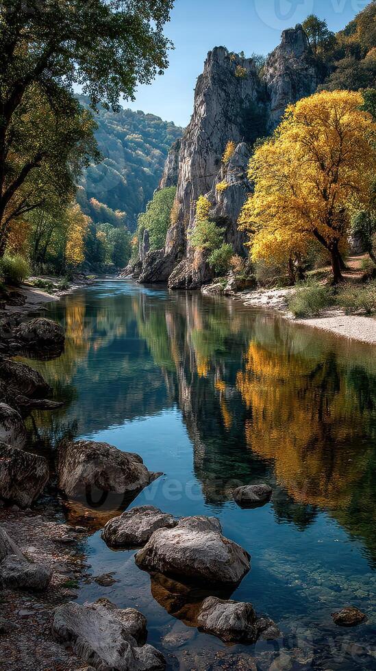 Autumn reflections in a tranquil river surrounded by rocky cliffs and vibrant trees photo