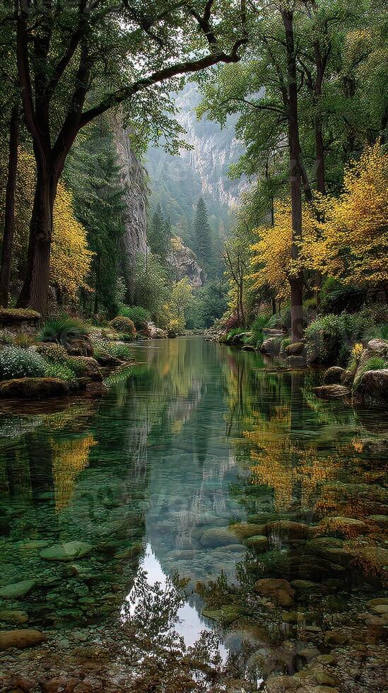 Serene river flowing through a lush forest during autumn with vibrant foliage reflecting on calm waters photo