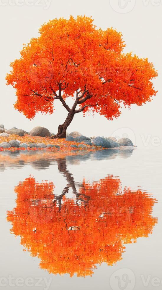 Vibrant orange tree reflecting in calm water with rocks during autumn in a serene landscape photo