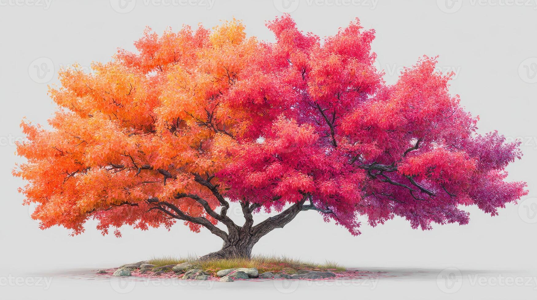 Vibrant autumn trees display brilliant orange and pink foliage in a serene natural setting photo