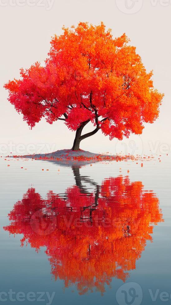 Bright orange tree reflects on calm water during sunset at tranquil lake setting photo