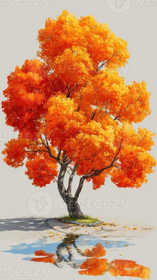 Vibrant orange tree reflecting in water on a serene autumn day in nature photo