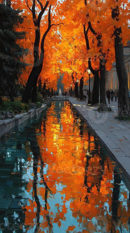 Vibrant autumn foliage reflects in calm water by a tree-lined walkway during a pleasant afternoon photo