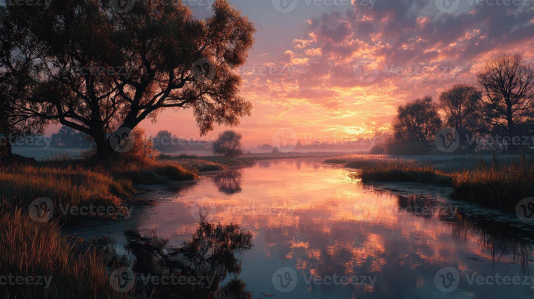 Serene sunrise over a tranquil river with reflections in a quiet natural setting photo