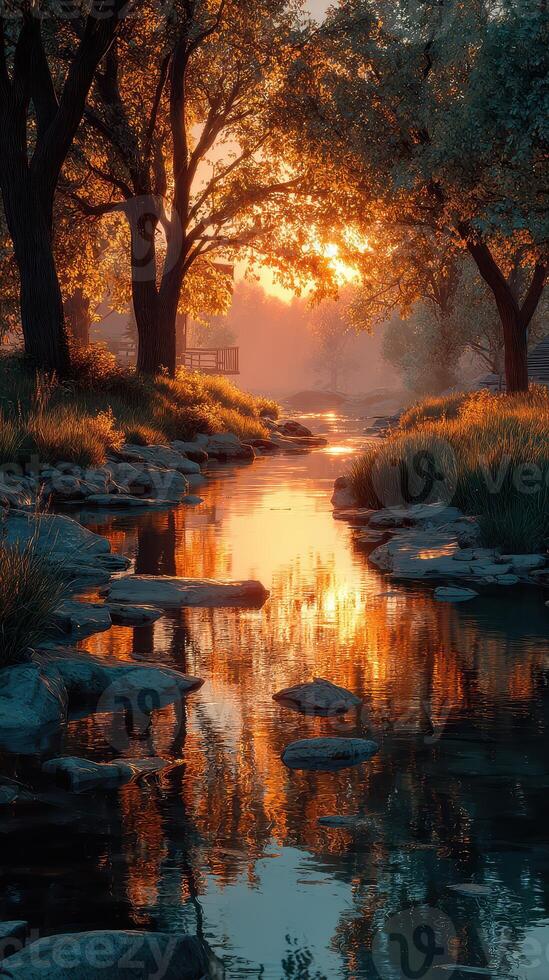 Serene sunset reflection on a tranquil stream surrounded by trees in a peaceful nature setting photo