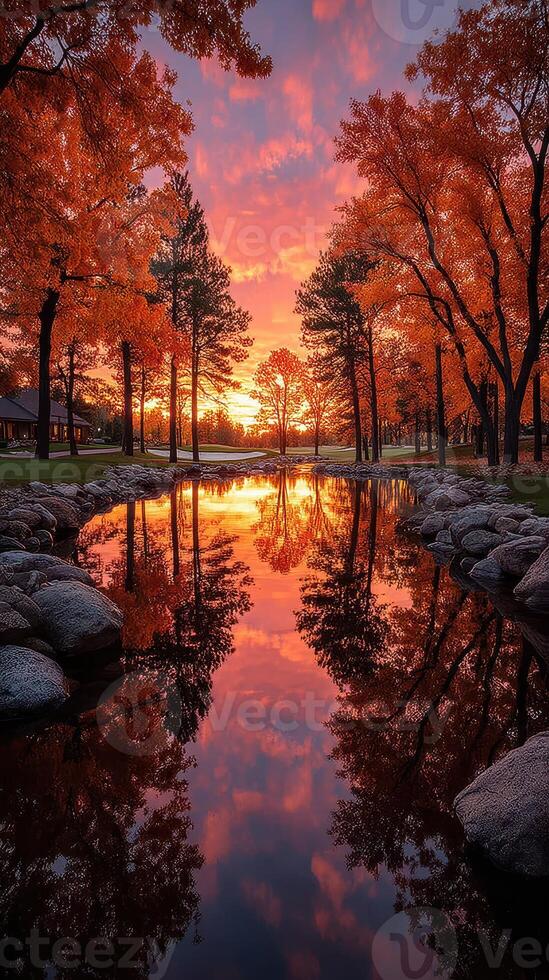Autumn sunset reflecting in peaceful lake surrounded by vibrant foliage in a serene park setting photo