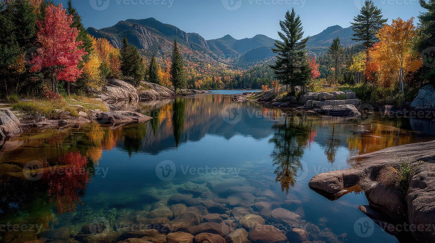 Colorful autumn foliage reflects in tranquil river surrounded by mountains on clear day photo