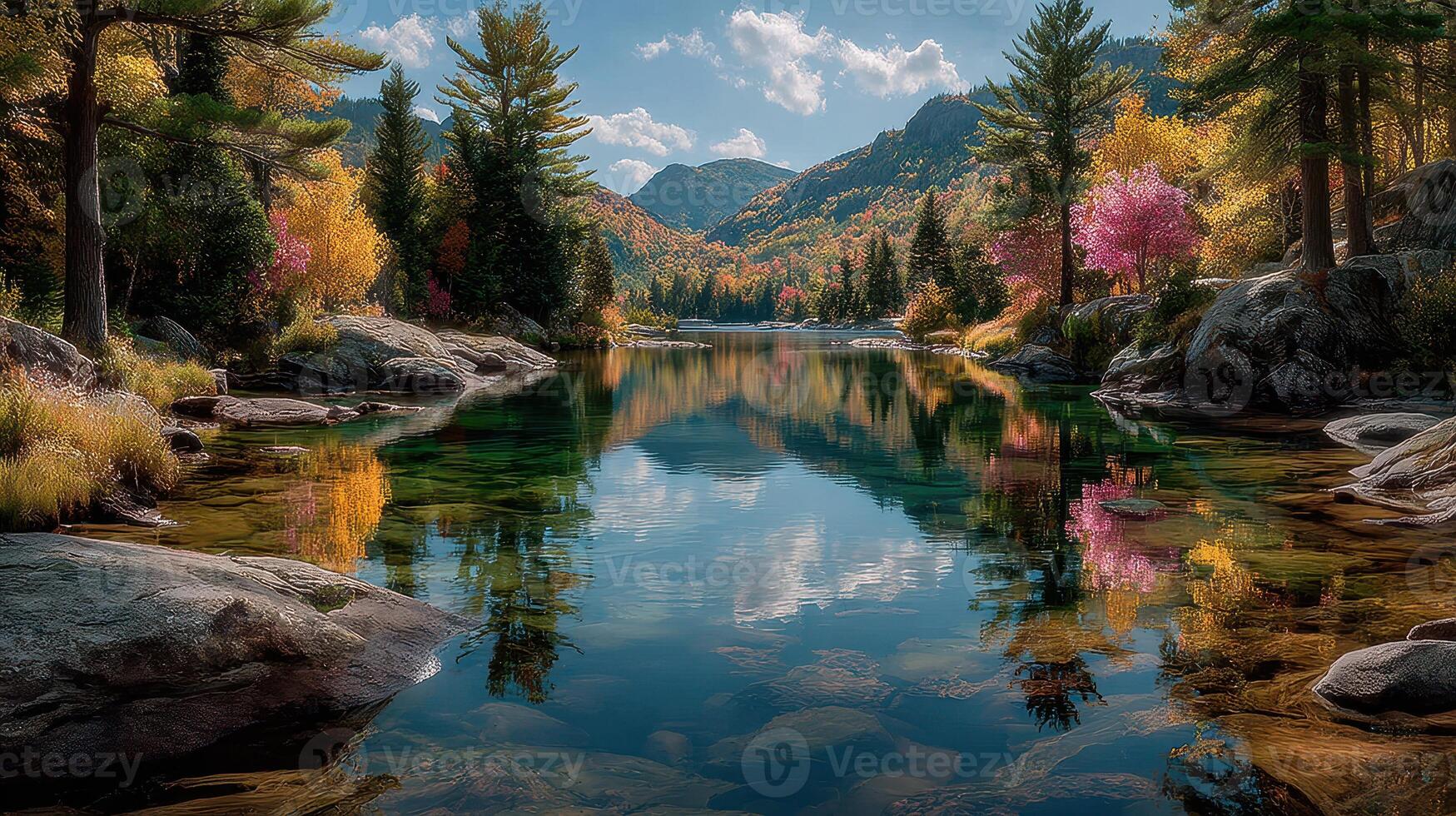 Autumn colors reflecting on a serene lake surrounded by mountains and trees in a peaceful natural landscape photo