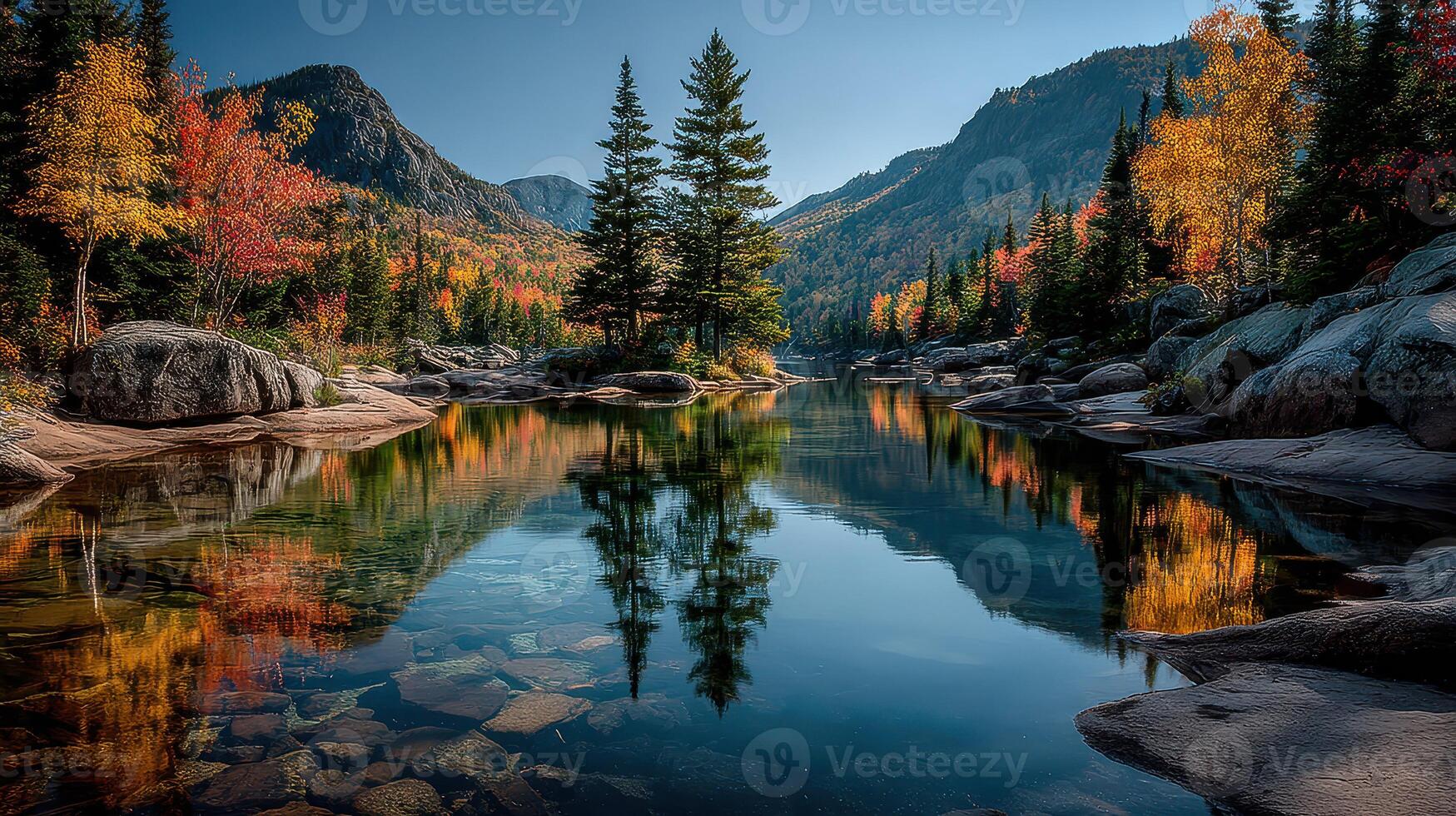 Beautiful autumn reflection in a serene mountain lake surrounded by colorful foliage in a peaceful landscape setting photo