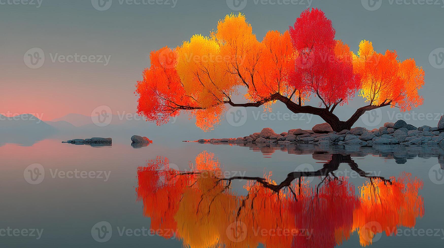 Vibrant autumn tree reflecting on calm water at dawn in a serene landscape photo