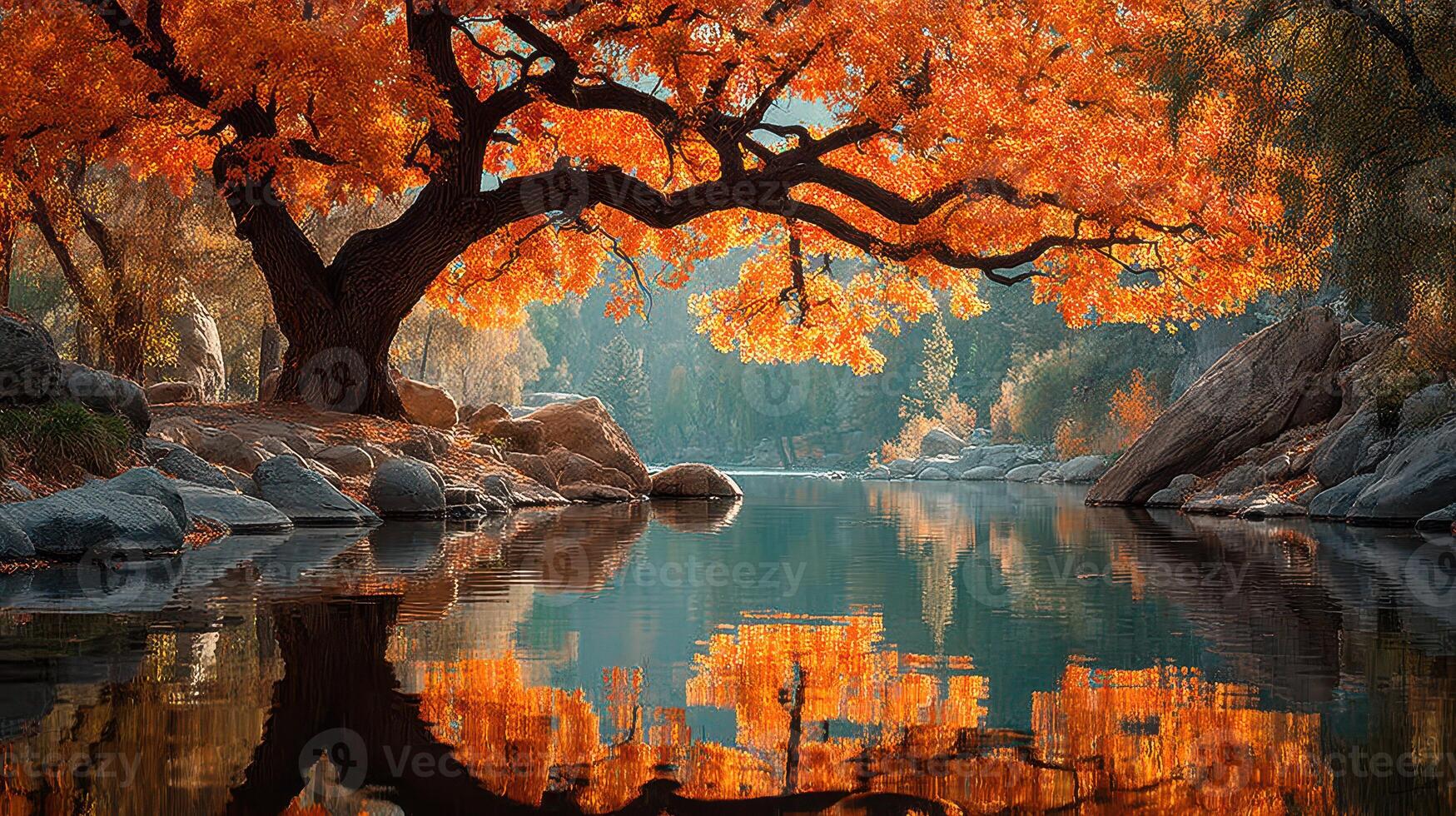 Autumn foliage reflects in serene river beneath ancient tree at tranquil location photo