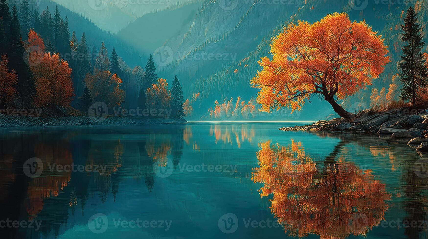 Colorful autumn tree reflecting in calm river surrounded by mountains in tranquil nature setting photo