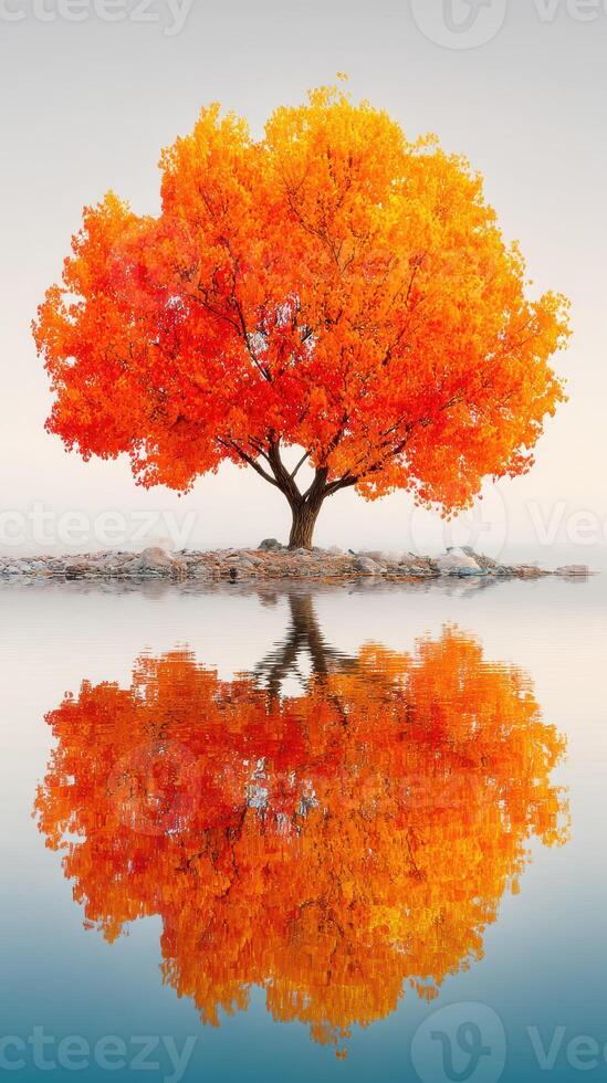 Vibrant autumn tree reflected on calm water during misty sunrise in tranquil natural setting photo