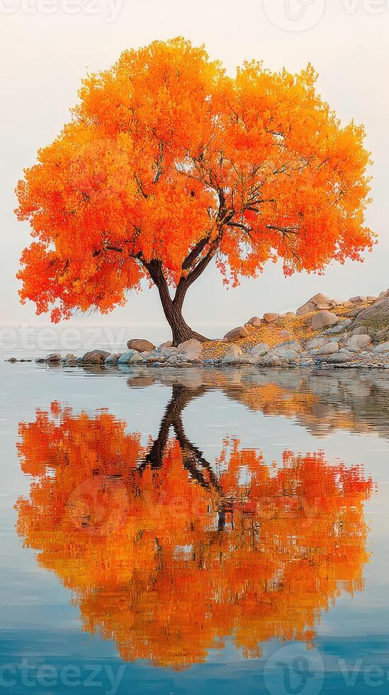 Colorful autumn tree reflects in calm water near rocky shoreline during sunrise photo