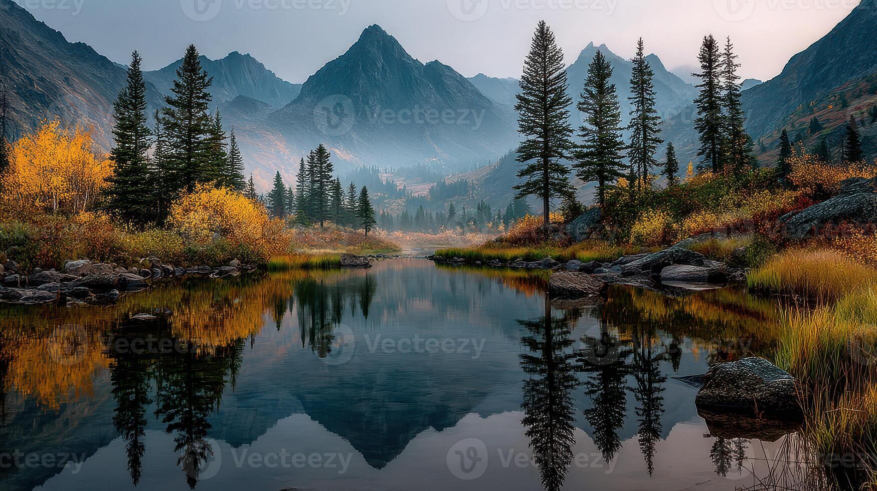 Stunning autumn landscape with mountains reflecting in tranquil lake at dawn photo
