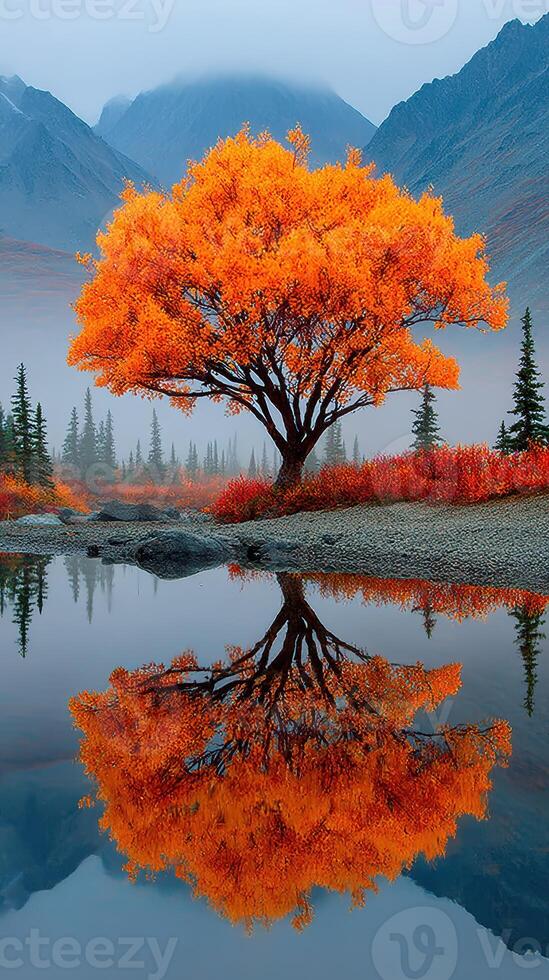 Vibrant orange tree reflecting in calm water with mountains and fog in the background during autumn in a serene natural landscape photo