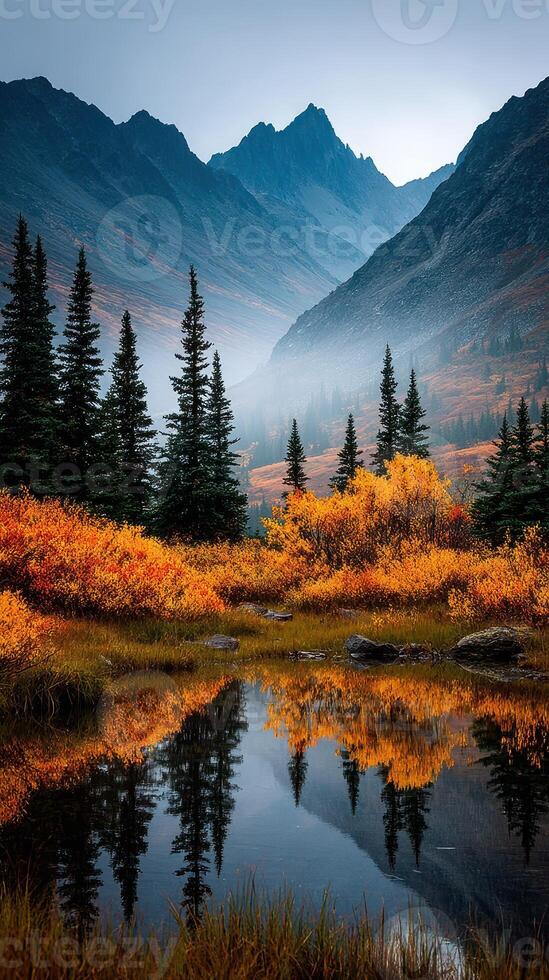Autumn colors reflect in a tranquil mountain lake surrounded by tall trees and misty peaks at dawn photo