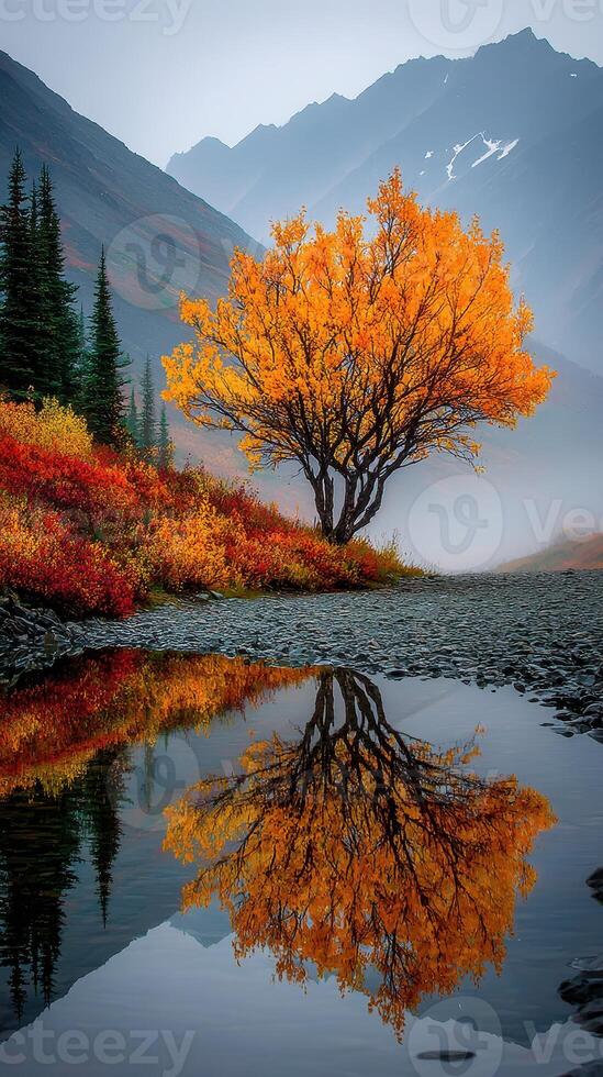 Vibrant autumn tree reflects in calm water with mountains in the background during early morning mist photo