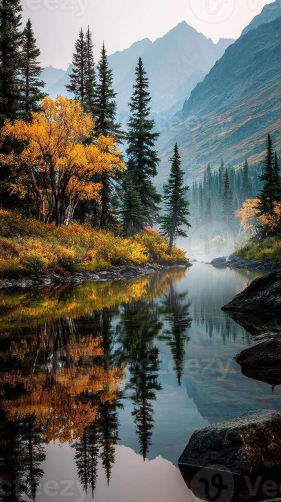 Beautiful autumn landscape with reflections in a serene river surrounded by mountains photo