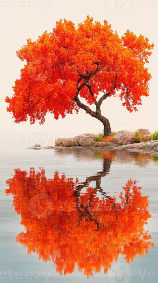 Vibrant orange tree reflected in serene water amidst a tranquil landscape during autumn photo