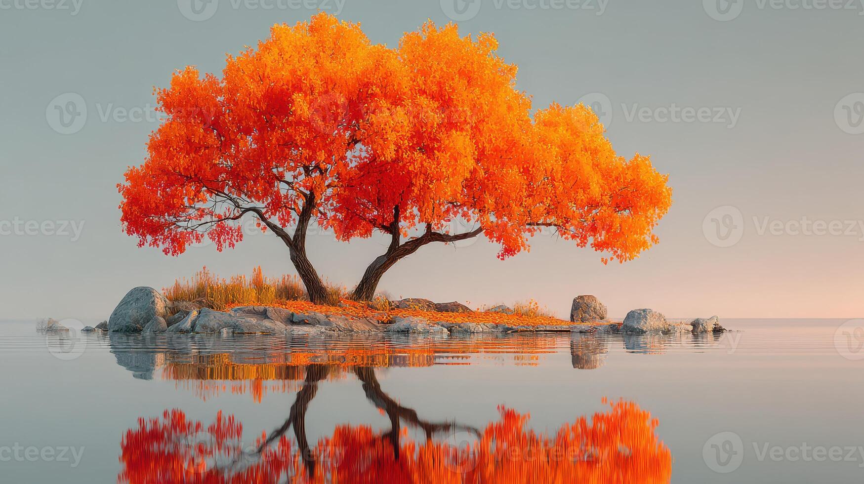 Bright orange tree stands alone on a serene lake at sunrise reflecting fall colors in the tranquil water photo