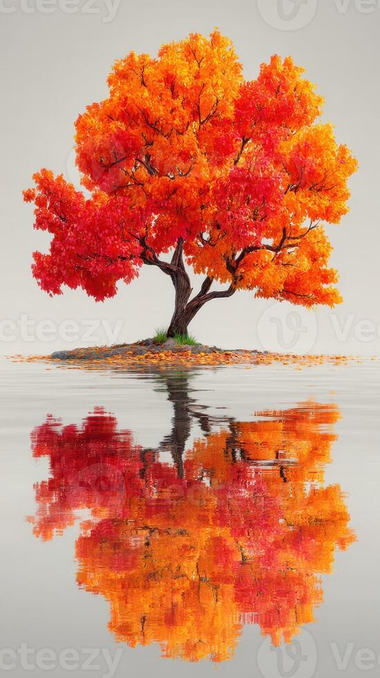 Vibrant autumn tree stands alone on an island, reflecting in still water during a calm and serene evening photo