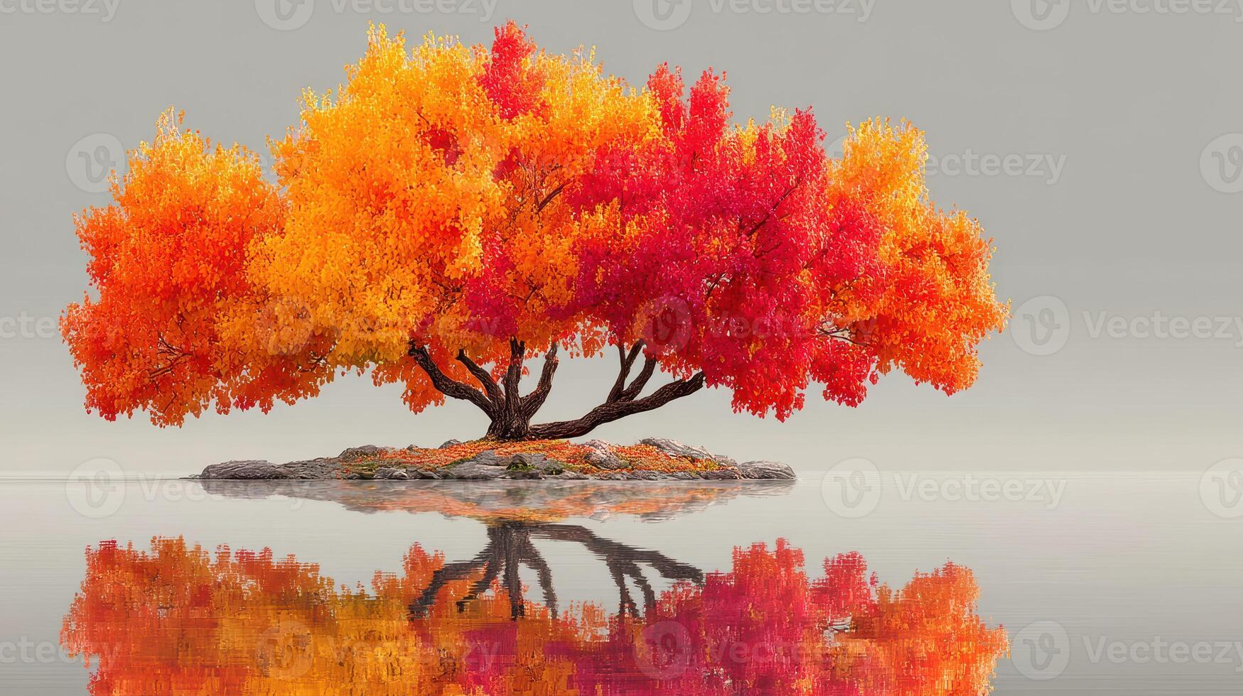 Vibrant autumn foliage reflects in calm water at an isolated tree island during the serene morning hours photo