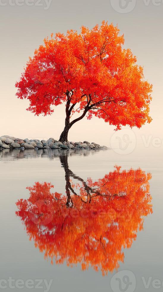 Vibrant orange tree reflecting in calm water during autumn at lakeside photo