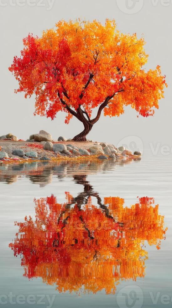 Bright orange tree reflects on calm water in serene autumn landscape by the shore photo