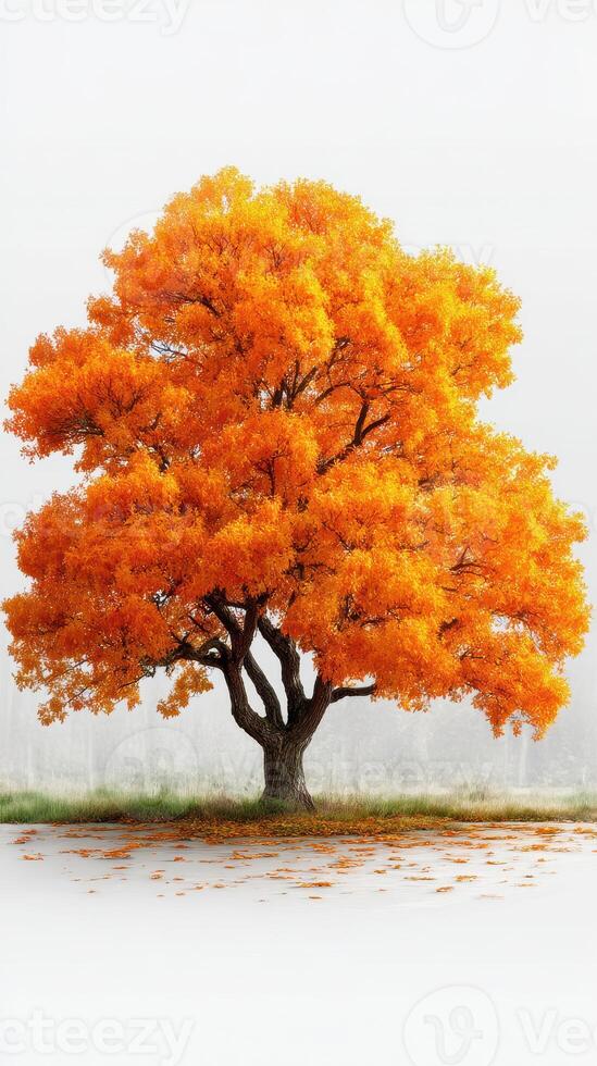 Vibrant orange tree stands alone in a serene landscape during autumn season at dawn photo