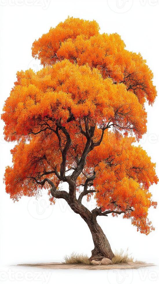 Vibrant orange tree stands alone in autumn landscape showcasing seasonal beauty and tranquility photo