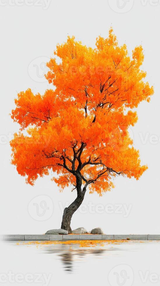 Vibrant orange tree stands alone by calm water reflecting autumn colors amidst a serene landscape in tranquil daylight photo