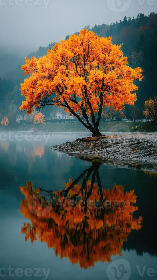 Majestic orange tree reflects in calm water on a foggy autumn morning in serene landscape photo