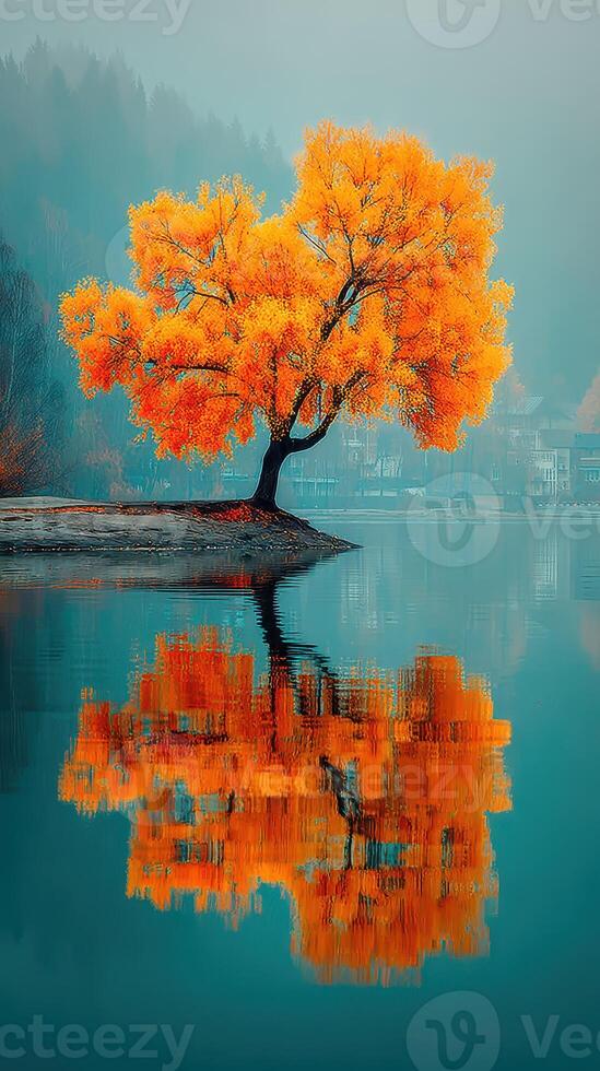 Vibrant orange tree stands alone by a serene lake showcasing beautiful autumn colors in a peaceful landscape photo