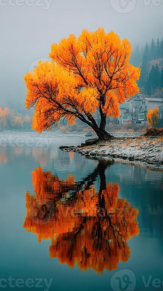 Vibrant autumn tree reflecting in calm lake near serene village on a foggy morning photo
