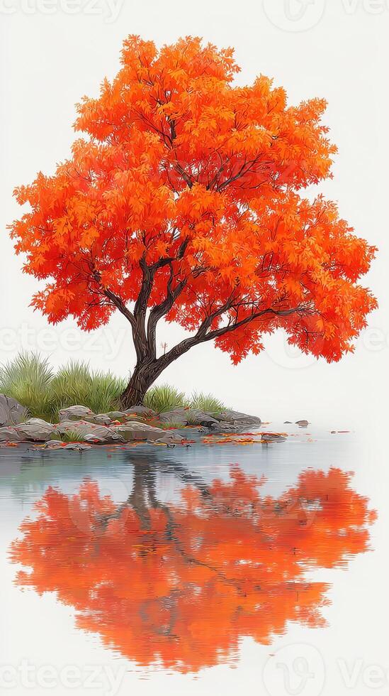 Vibrant orange tree reflects on calm water near grassy shore during autumn in a serene landscape photo