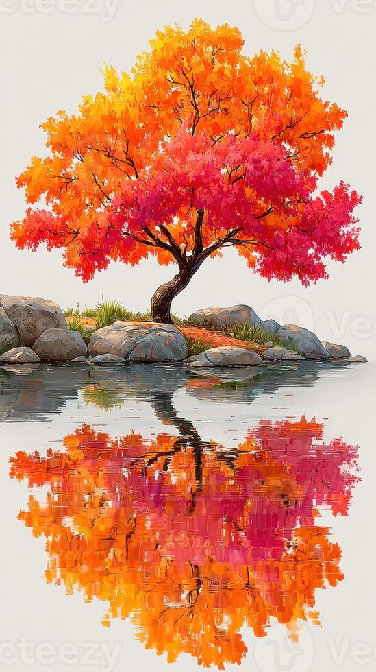 Colorful autumn tree reflects on calm water in a serene nature setting with boulders and greenery photo