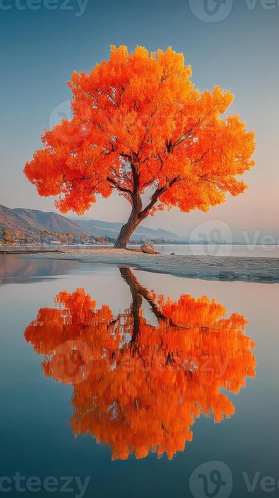 Vibrant autumn tree reflects beautifully in tranquil waters of a serene landscape during sunset photo