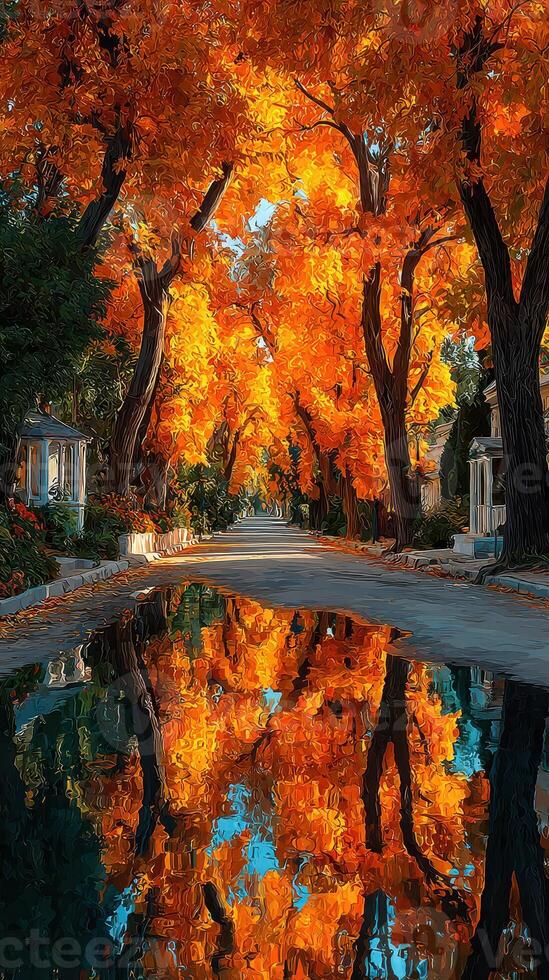 Vibrant autumn leaves reflecting in still water along a tranquil pathway in a park during midday photo