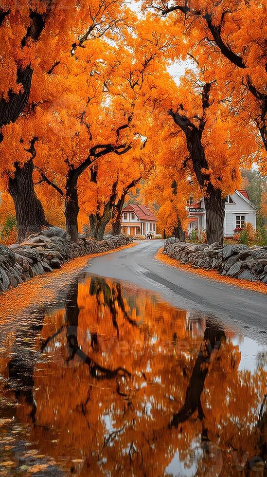 Vibrant autumn colors reflecting on a quiet road lined with orange trees in a serene rural setting photo